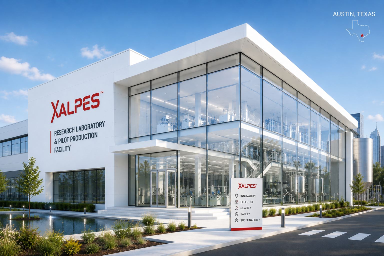 Architectural rendering of the planned XALPES Research Laboratory and Pilot Production Facility in Austin, Texas